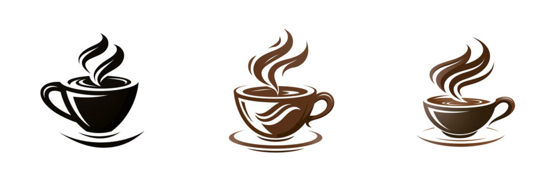 Set of Glossy ceramic coffee cup icon featuring hot espresso with delicate steam trails on transparent png background. Ai generated