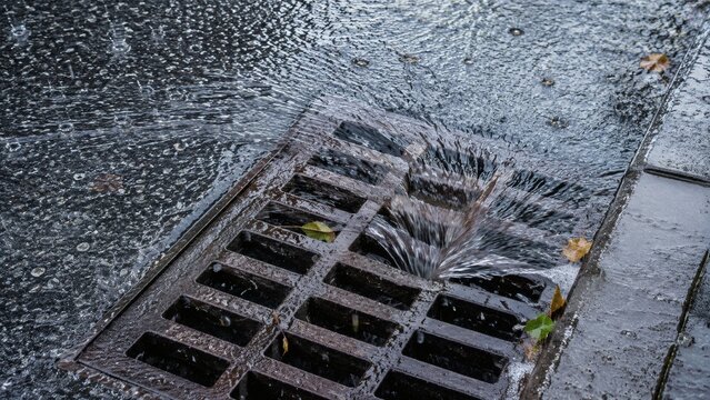 Rainwater flowing into a city gutter with ripples on the surface  