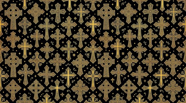 Golden ornate christian crosses seamless pattern on black background