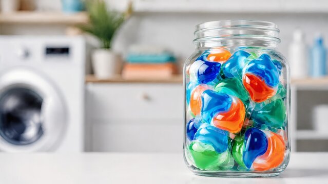 Colorful laundry detergent pods in jar on countertop in laundry room  