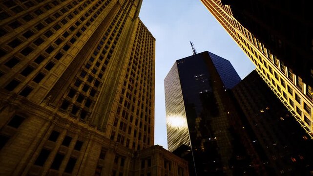Urban structures silhouetted under deepening dusk atmosphere. Cityscape features towering shapes outlined against increasingly dark evening sky