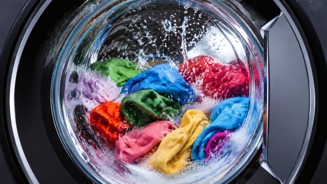 Colorful clothes being washed in a front-loading washing machine  