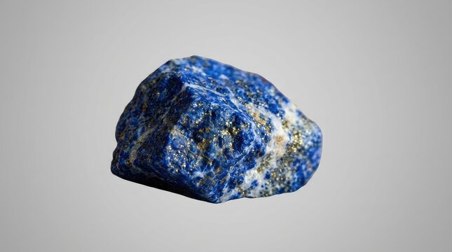 Natural Lapis Lazuli Gemstone with Pyrite Flecks on Gray Background. Raw Blue Mineral Specimen.