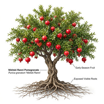 Nikitski Ranni Pomegranate tree, mature full tree bearing early-season bright red pomegranates, exposed visible roots, 11 ratio, isolated on seamless pure white background,