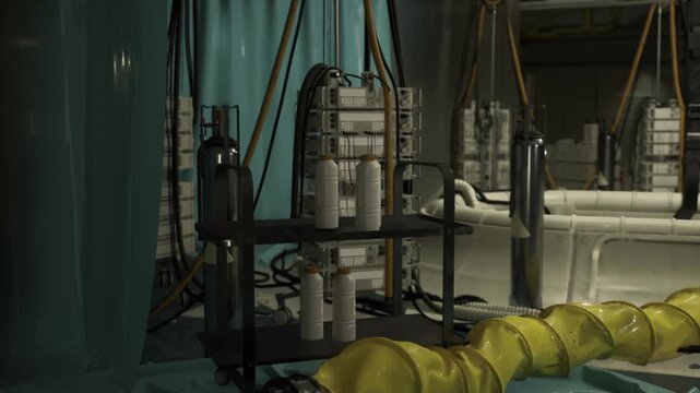 Space station decontamination area with protective tarps, sealed crates and filtration units, HEPA filters and airlock staging, controlled sterile atmosphere
