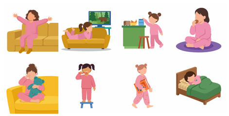 Little girl's daily routine illustration set featuring a child in pink pajamas waking up, brushing teeth, eating, and sleeping