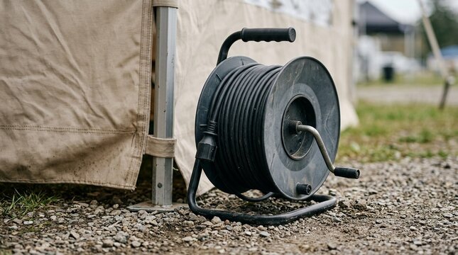 Pop-up community vaccination clinic outdoor extension cord reel resting beside the tent - Empty Medical Clinic Stock Photo, No People