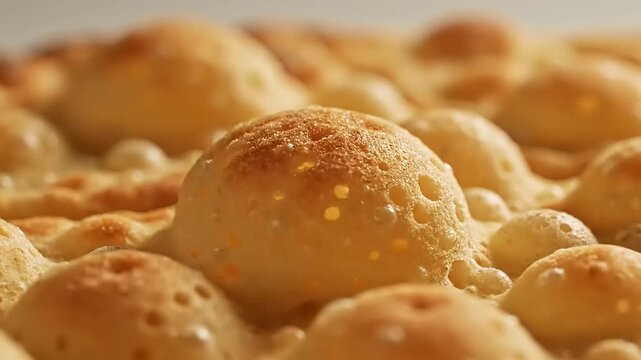 Captivating macro view of golden-brown bubbles actively rising and forming on a cooking surface, illustrating the delightful texture of a baking or frying process in motion