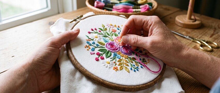 Hands embroidering colorful floral design on white fabric hoop, needle with pink thread creating stitches, hobby and craft project with craft supplies in background.