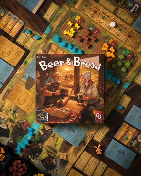 Beer and Bread Board Game Close-Up with Wooden Components