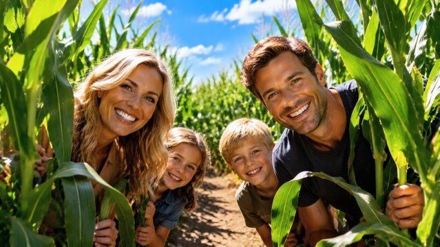 Happy family smiling together in cornfield on a sunny day  