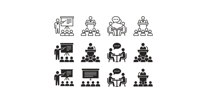 Set of black and white icons depicting various business meeting and presentation scenarios on transparent background.
