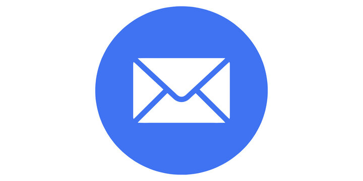 Blue vector mail icon in a circle, isolated on a transparent background, representing email and communication.