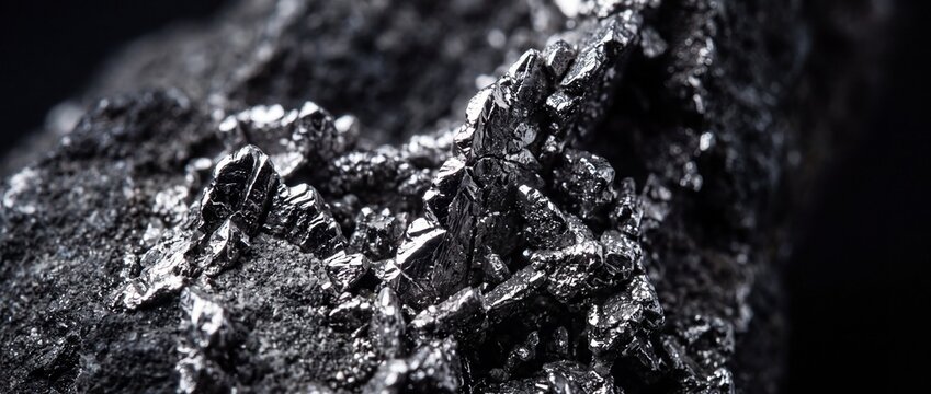 Metallic mineral specimen showing crystalline structure of raw silicon or molybdenum ore with silver shine on dark rocky background.