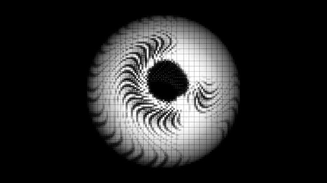 Hypnotic abstract digital vortex eye with pixelated grid texture in a monochrome futuristic environment
