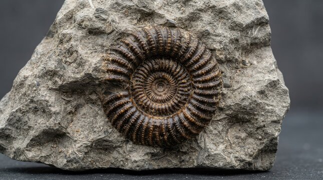 Ancient ammonite cephalopod fossil embedded in stone block.