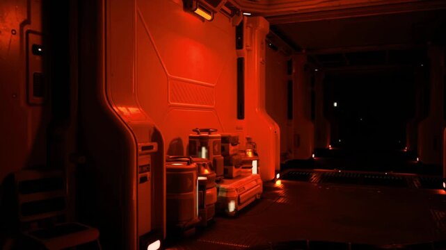 Red lit spaceship corridor with consoles and emergency glow, industrial panels lining walls, low ambient smoke, floor markings and service crates, tense