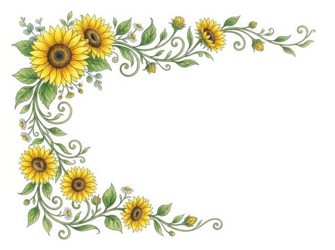 Decorative corner with sunflowers and floral vine border design isolated on white background