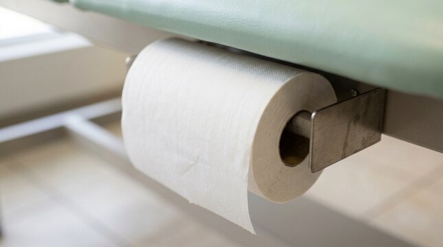Pediatric clinic vaccination room exam table paper roll resting beneath the table edge - Empty Medical Clinic Stock Photo, No People