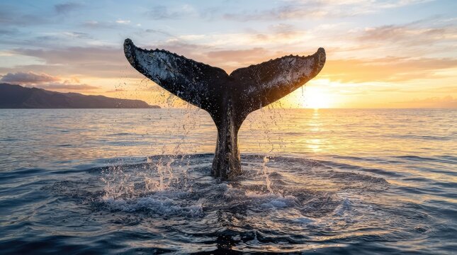 Backlit whale tail fluke splashing in ocean sunset.