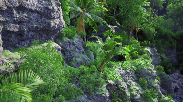 Dense fern understory among limestone boulders in Thailand, close view of textured fronds, moist soil and clustered rocks, cool shaded atmosphere highlighting