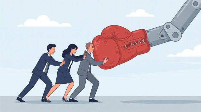 Business people push back against a giant mechanical arm wearing a red boxing glove to represent workplace stress and pressure.