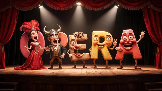 Opera on Stage: A whimsical theatrical production featuring animated letters spelling OPERA alongside costumed performers on a grand stage, illuminated by dramatic spotlights.