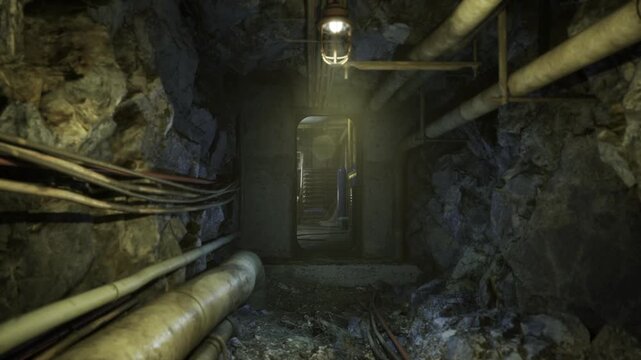 Narrow escape corridor with reinforced hatch and overhead lamp, braided cables along rock walls, scattered straw and tense claustrophobic mood