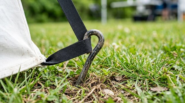 Pop-up community vaccination clinic tent stake close-up secured into the ground - Empty Medical Clinic Stock Photo, No People