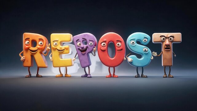 Animated Letters Spelling REPOST: A fun and quirky collection of animated letters, each with unique facial expressions and personalities, spelling out the word REPOST.