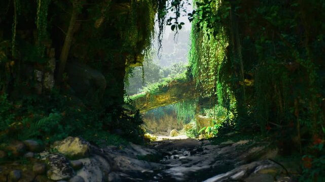 Misty Indonesian jungle corridor with hanging vines and filtered light, shaded rock floor opening to brighter clearing, atmospheric haze and layered foliage,