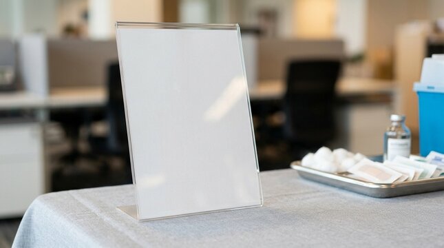 Workplace wellness vaccination event floor plan sign standing blank beside the station - Empty Medical Clinic Stock Photo, No People