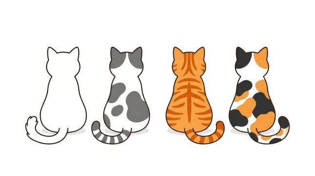 Four stylized cats in varying color schemes and outlines against a white background feline kitten domestic-cat tabby calico bicolor black-and-white orange-tabby cartoon vector-illustration