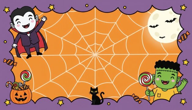 Cute Halloween border illustration, orange spiderweb frame on purple background, cartoon monsters for party invitation banner