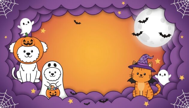 Cute Halloween frame illustration, purple scalloped border with spider web, cartoon lion and pumpkin for greeting card banner