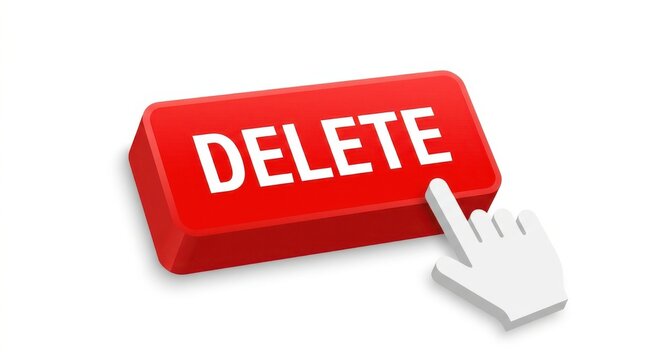 Red delete button with a white hand cursor pointing towards it on a white background erase remove discard eliminate obliterate isolated render digital