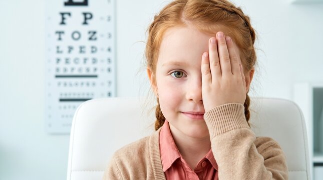 Girl Covering One Eye During Pediatric Visual Acuity Test With Snellen Eye Chart