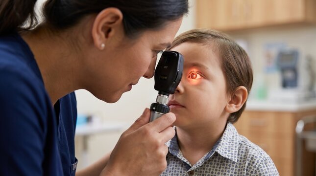 Pediatric Ophthalmologist Examining Child With Direct Ophthalmoscope During Retinal and Fundus Eye Examination