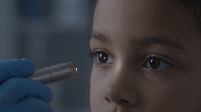 Child Undergoing Pupillary Light Reflex Test With Penlight During Pediatric Eye Examination