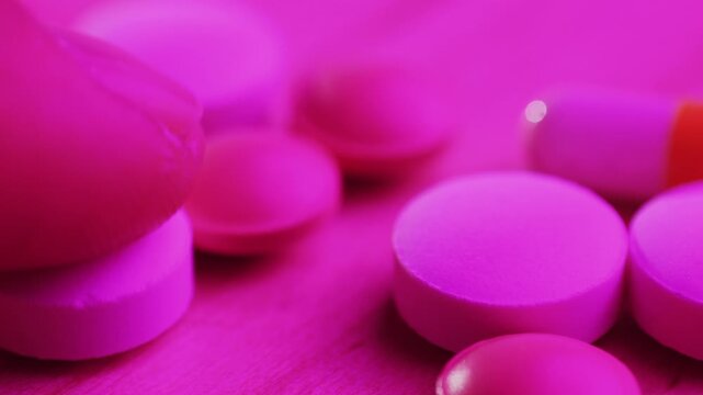 Colored medicines drugs pills, empty blisters of color pills vitamins, lot of antidepressants, on table, overdose