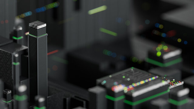 Futuristic data center concept with extruded geometric blocks and green illuminated data streams. 3d rendering illustration not AI
