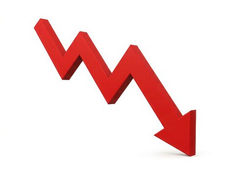A red arrow graph pointing downwards, symbolizing a decrease in value or a downward trend isolated on white background