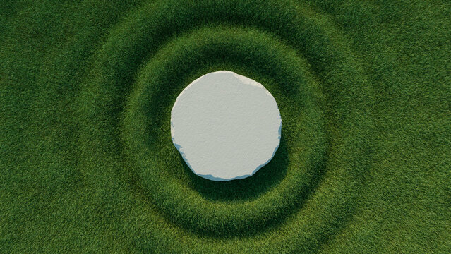 Top view of round stone podium on green grass waves with copy space for product presentation. 3d rendering illustration not AI