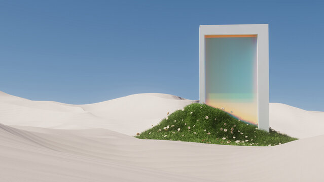Surreal desert landscape with grass oasis, glass portal, iridescent rainbow reflections, and copy space. 3d rendering illustration not AI