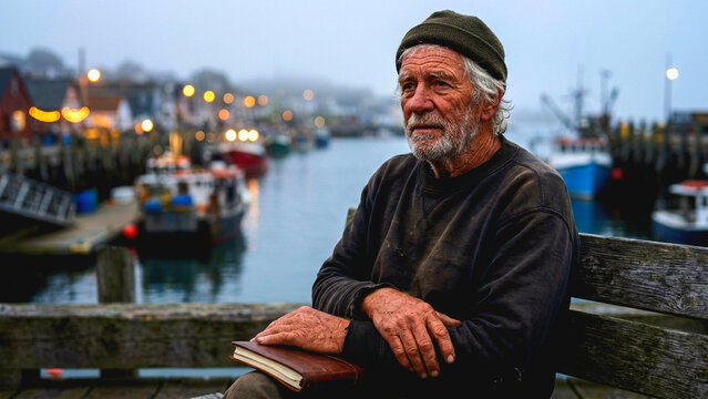 Senior fisherman sitting on a bench at a harbor at dusk