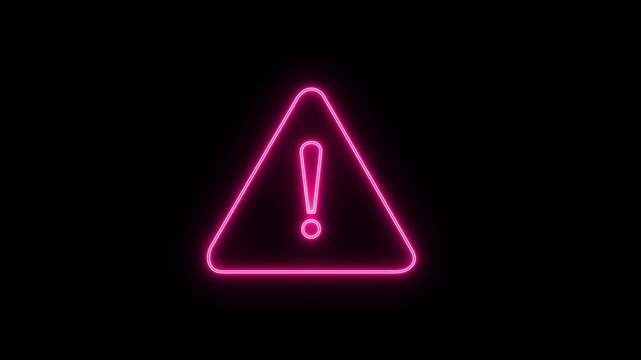 Glowing red neon warning sign with exclamation mark symbol isolated on a dark black background