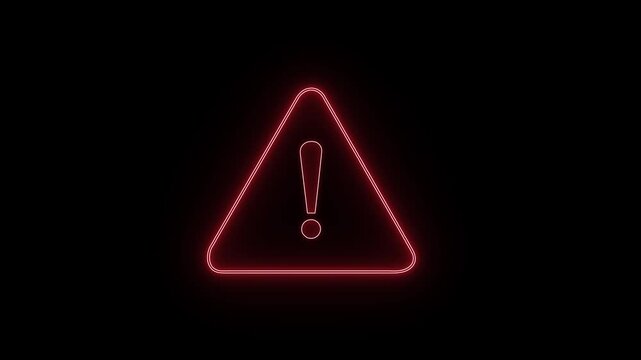 Glowing red neon warning sign with exclamation mark symbol isolated on a dark black background