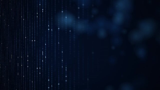 Abstract digital data streaming as binary code sequences, illustrating information flow in a cyber technology background.