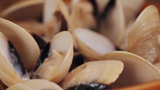 Marinara mussels with garlic, sauce, lemon and parsley. Classic spanish and French meal macro close up.