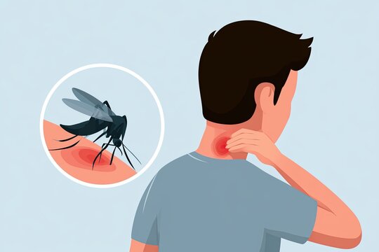  illustration of a man scratching his neck due to a mosquito bite, with a close-up of the mosquito and bite area shown in a circular inset